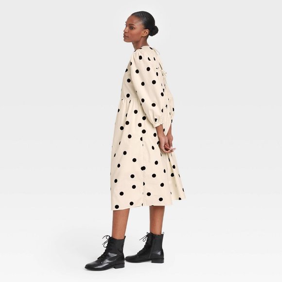 NWOT New Oversized Polka Dot Dress Parachute Puff Sleeve Ecru Black Midi Maxi XS - Picture 3 of 10